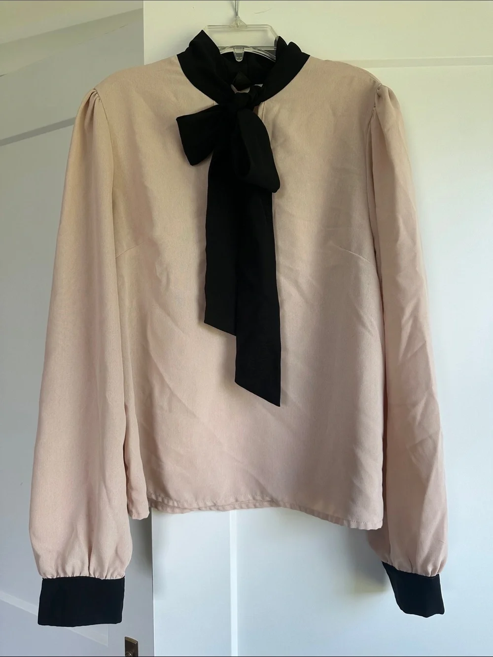SHEIN Blush Pink Bow Tie Collar Blouse with Black Accents